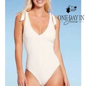 Shade & Shore Textured Tie Shoulder One Piece Swimsuit Size L